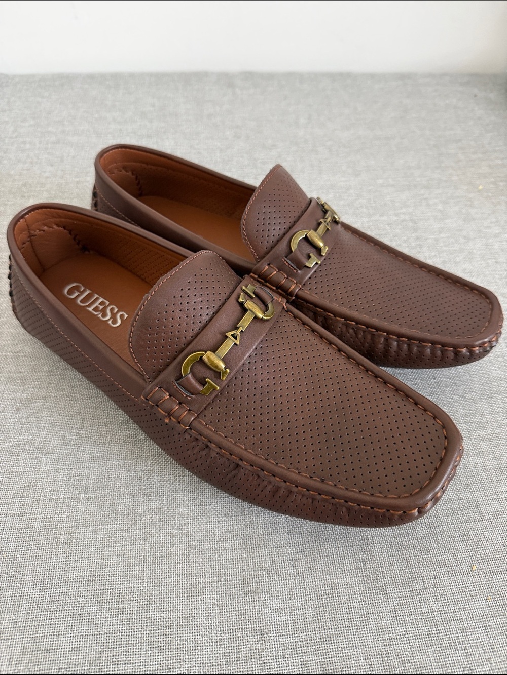 GUESS Brown Adlers Perforated Slip-On Loafers with Gold Hardware